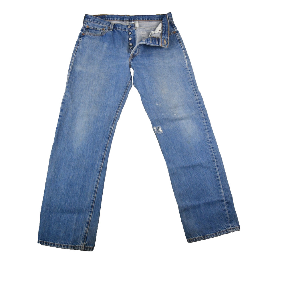Levis Jeans 501 Mens 36x31 (33x32 Actual) Button Fly Distressed Blue Denim